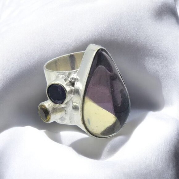 Vintage Sterling Silver Ring Amythyst-Citrine Galss Teardrop Rounds Wide Band - Picture 1 of 6